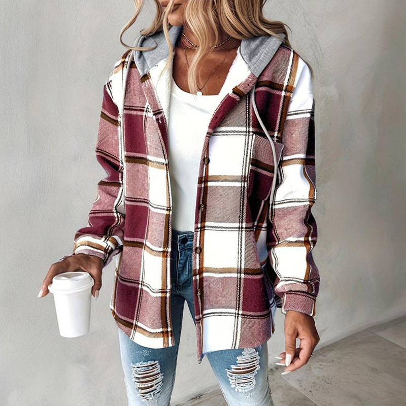 Women's Plaid Hoodie Long Sleeve Jacket Button Drawstring Casual Fall Shirts Shacket With Pocket CJ US