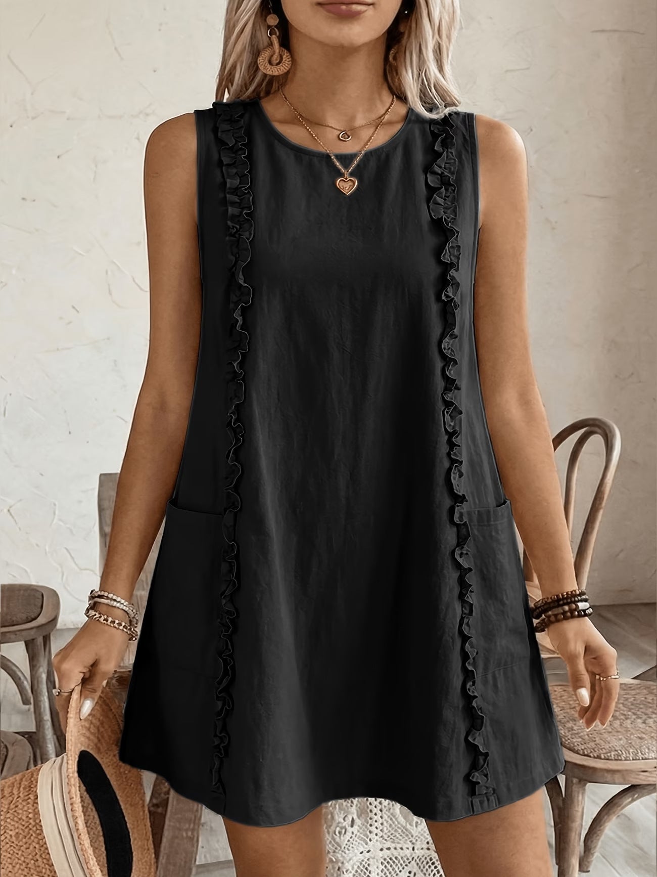 Women's Solid-Color Ruffle-Trimmed Dress 