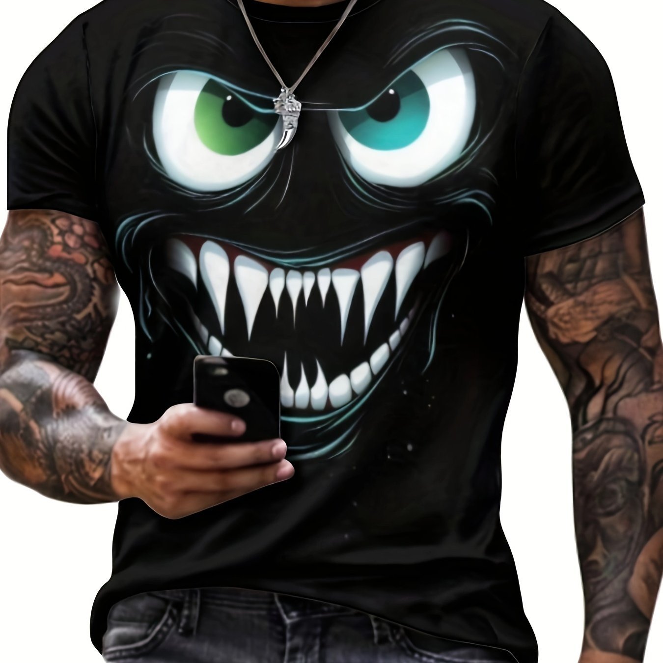 Men's Novel 3D Evil Smiling Face Printed T-shirt, Casual And Fashionable T-shirt, Street Style Short Sleeved Round Neck Shirt CJ US
