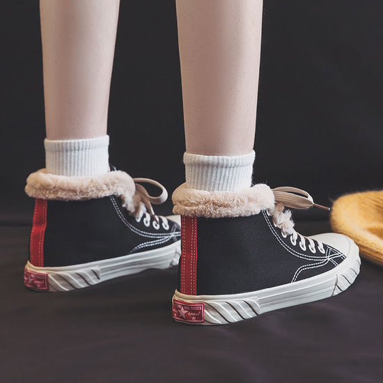 Women's Warm Black Winter Thick Flat High-top With Velvet Canvas Shoes CJ