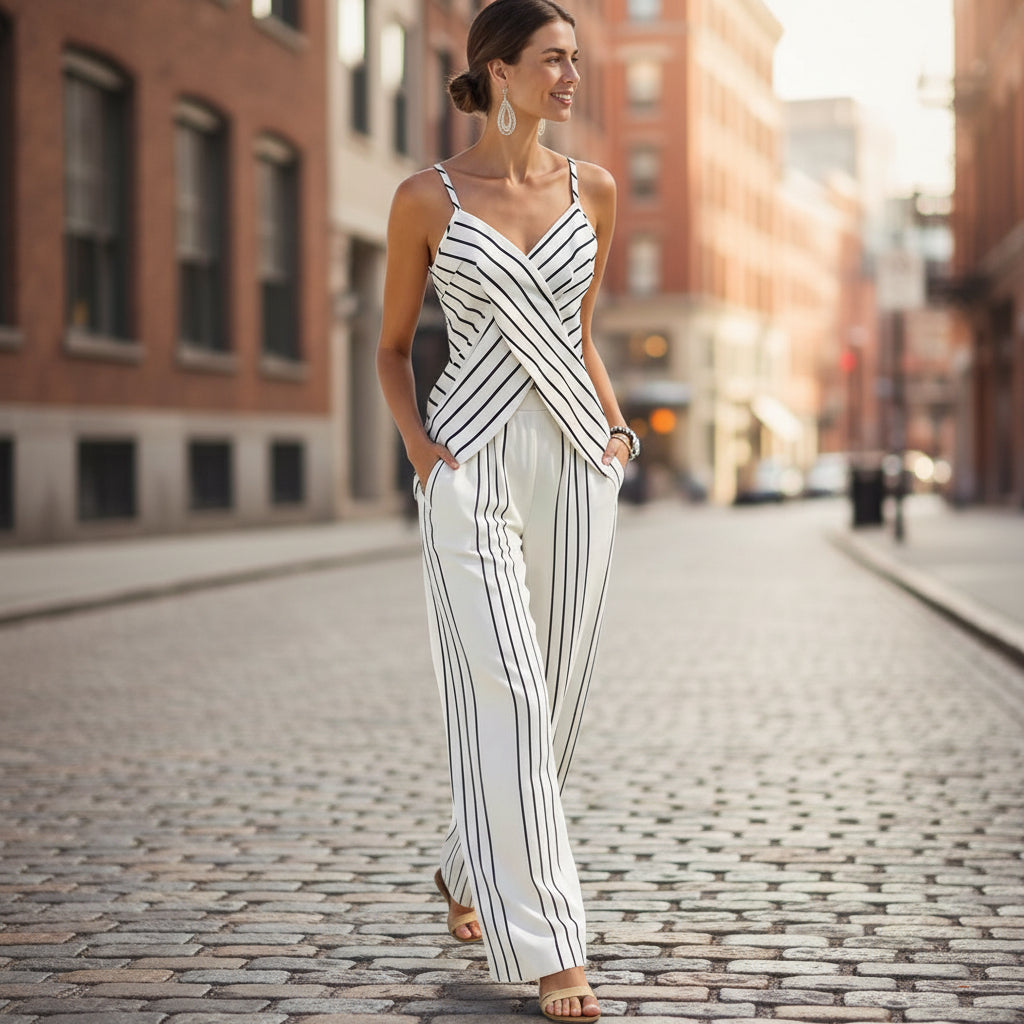 Striped Casual Womens V-Neck Sleeveless Set 