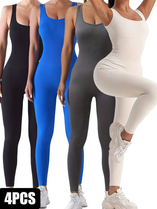 4 Pack Women's Ribbed Solid Color One-Piece Jumpsuit, Form-Fitting Sensual Activewear, Classic Sleeveless Full-Length Pants For Sport Casual Wear CJ US