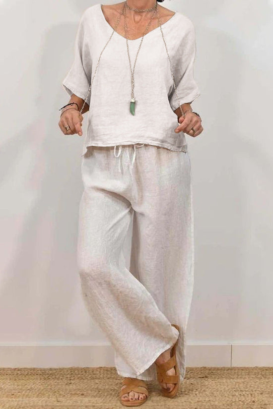 Womens Multi-Color Two-Piece Set Casual V-Neck Pullover With Three-Quarter Sleeves And Extended Pants 