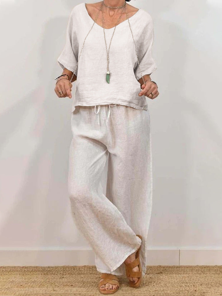 Womens Multi-Color Two-Piece Set Casual V-Neck Pullover With Three-Quarter Sleeves And Extended Pants 
