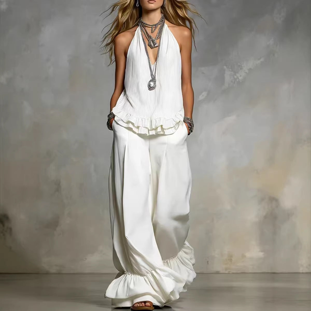 Women's Casual V-Neck Fashionable Ruffle Trim Set 