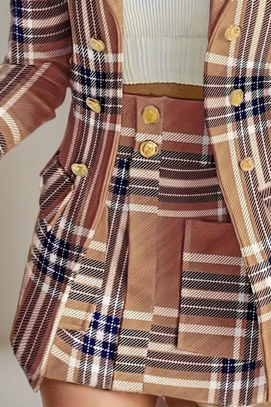 Women's Elegant Set, Double Breasted Long Sleeved Plaid Lapel Jacket&plaid Skirt With Pockets, Double Breasted Closure, Perfect For Work And Formal Occasions - Ideal Gift For Women CJ US