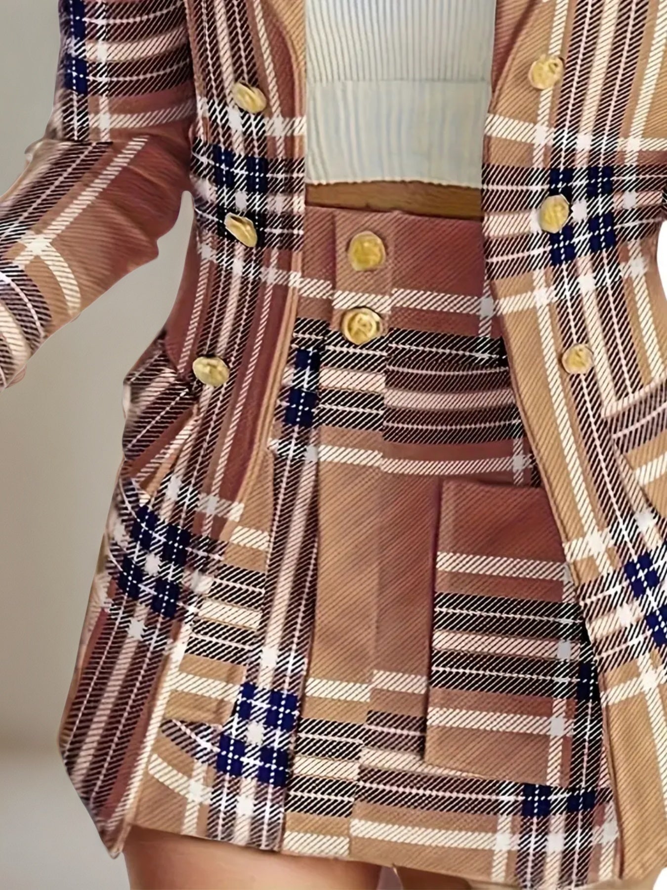 Women's Elegant Set, Double Breasted Long Sleeved Plaid Lapel Jacket&plaid Skirt With Pockets, Double Breasted Closure, Perfect For Work And Formal Occasions - Ideal Gift For Women CJ US