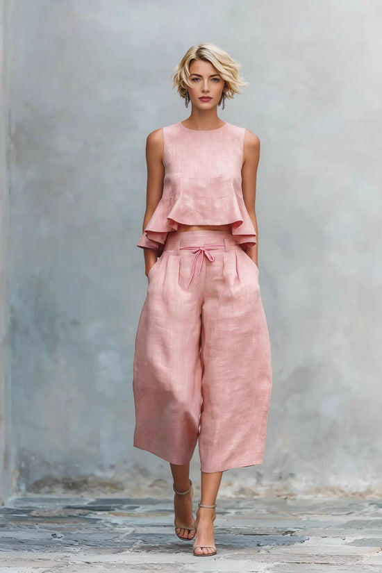 Womens Linen-blend Two-piece Set With Ruffled Detailing 