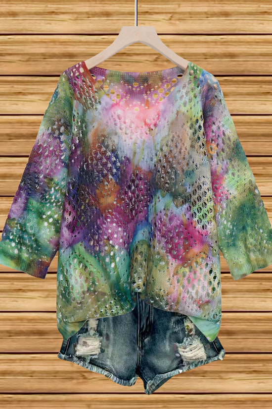 Womens Hollowed-Out Batwing-Sleeve Sweater With 3D Knitted Print 