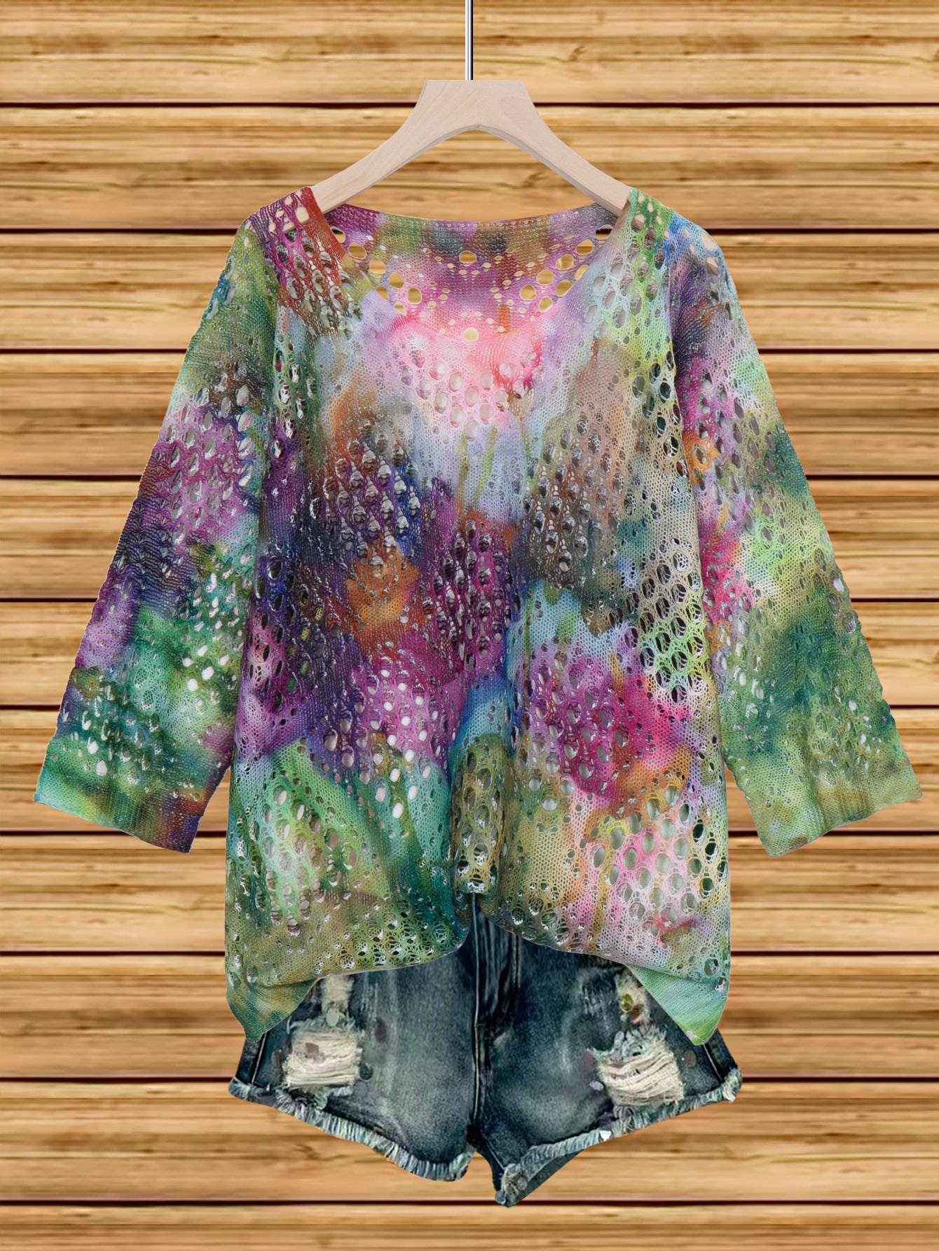 Womens Hollowed-Out Batwing-Sleeve Sweater With 3D Knitted Print 