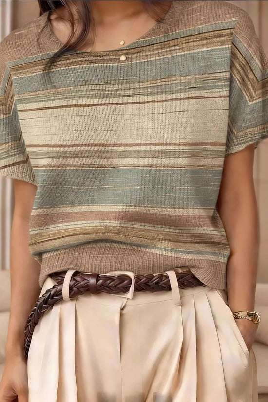 Retro Short-Sleeve Sweater Contrast-Color Jacquard Knit Top 