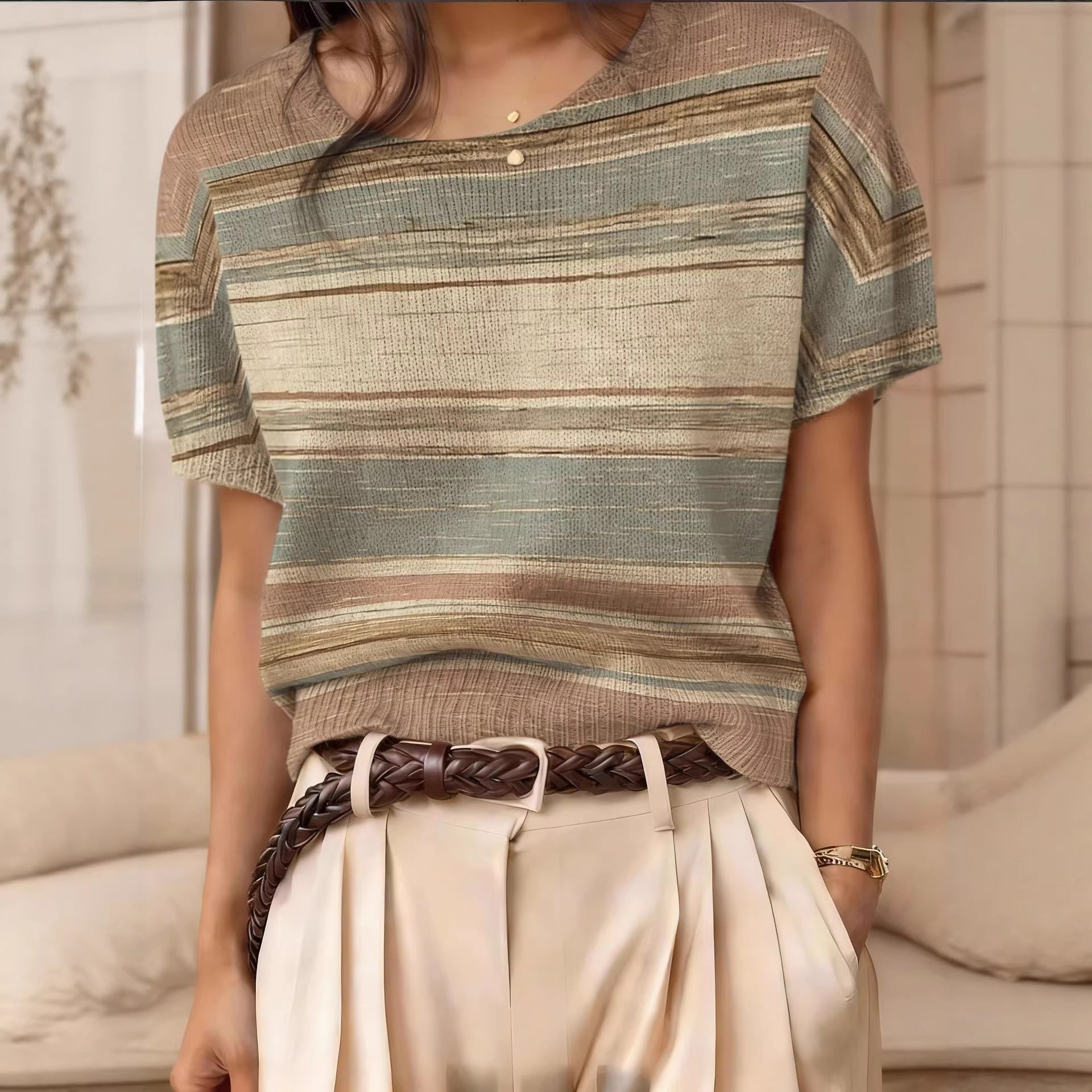 Retro Short-Sleeve Sweater Contrast-Color Jacquard Knit Top 