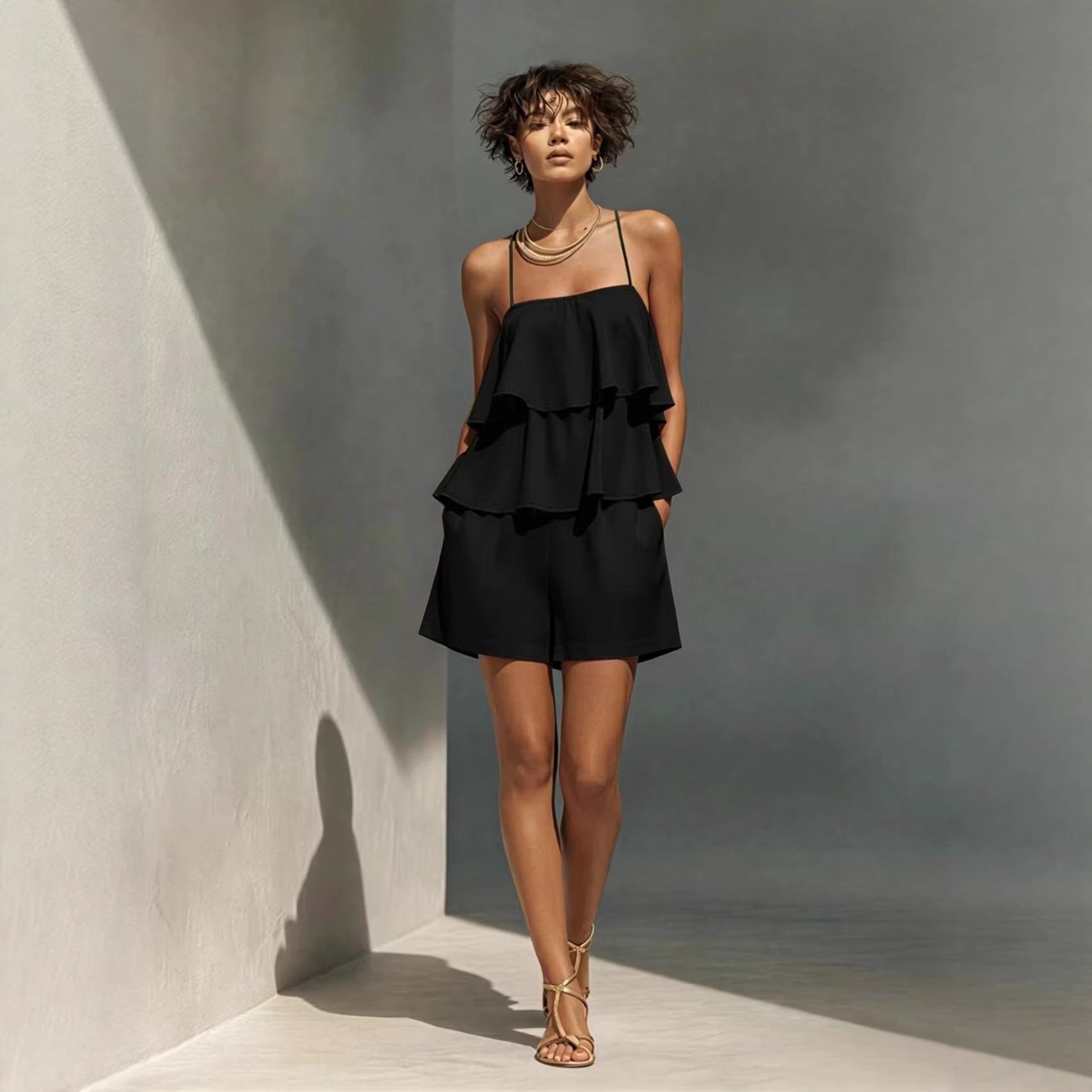 Multi-layer Ruffle Loose Camisole And Shorts Set 