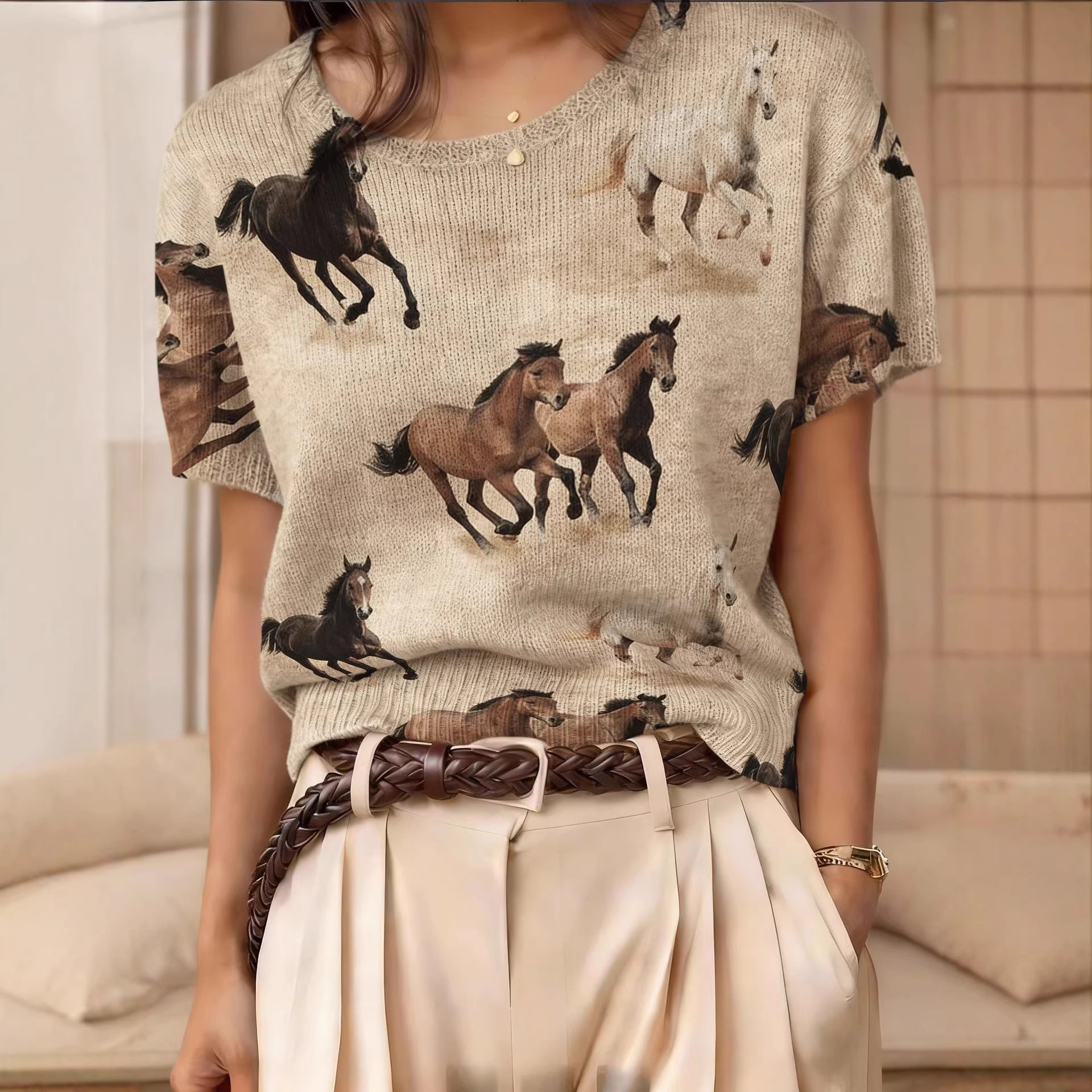 Retro Short-Sleeve Sweater Contrast-Color Jacquard Knit Top 