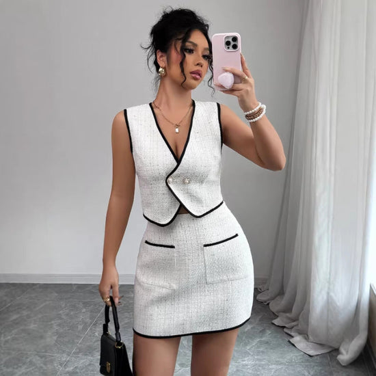 Women's Casual Sleeveless Irregular Top And Color-Block Pocket A-Line Skirt Set 