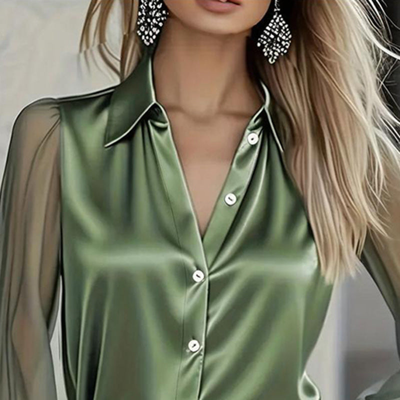 Women's Elegant Satin Blouse With Mesh Sleeves, Solid Color Chic Button-Up Shirt Diversi Fashion™