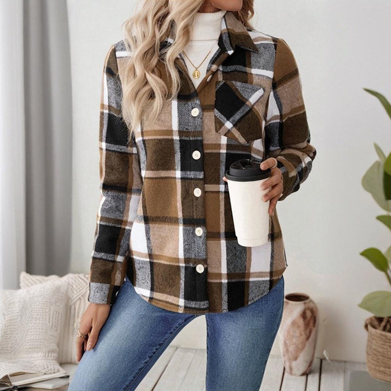 Women's Checkered Fleece Lined Shacket, Plaid Button Down Shirt Jacket With Chest Pockets, Fall Winter Outerwear Coat 