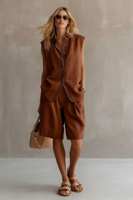 Single-breasted Sleeveless Linen Shirt And Shorts Set 