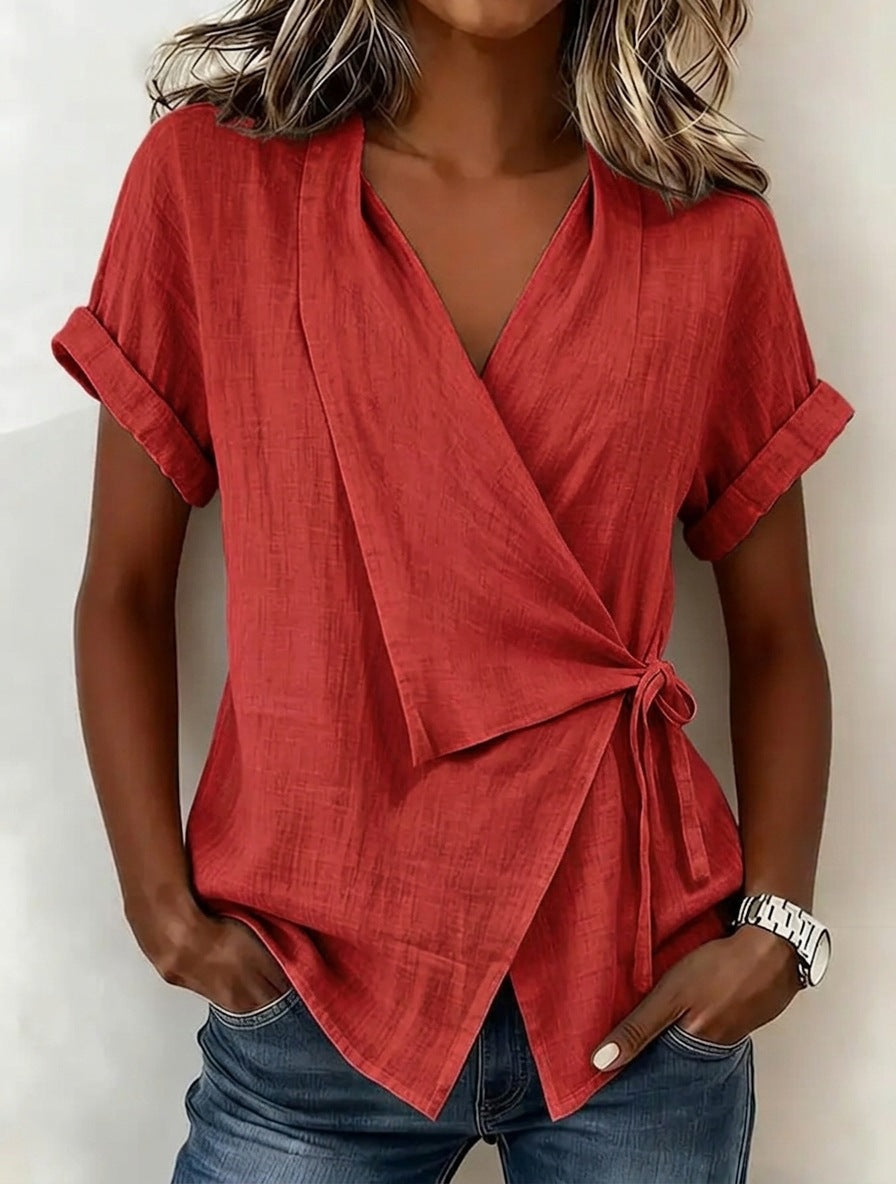 Women's Casual Lapel Collar Lace-Up Short-Sleeve Top 