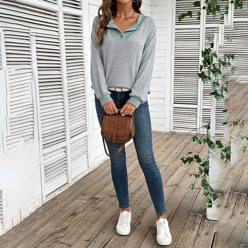 Women's Color Block Pullover - Spring Fall V-Neck Long Sleeve Casual Loose Top 