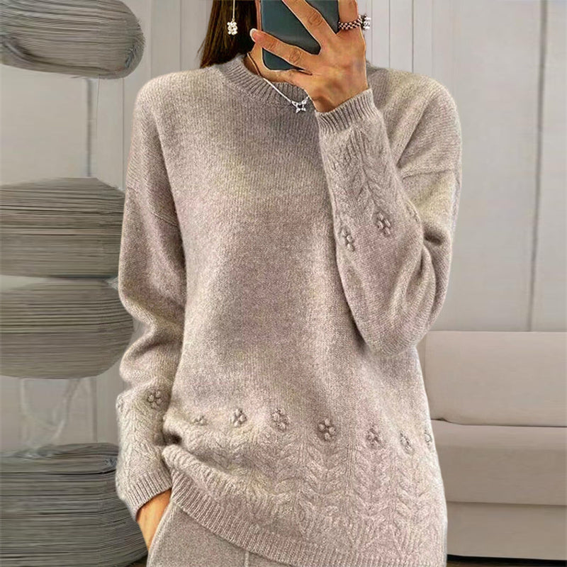Women's Solid Color 3D Floral Embroidered Sweater, Loose Round Neck Long Sleeve Pullover For Autumn & Winter CJ US