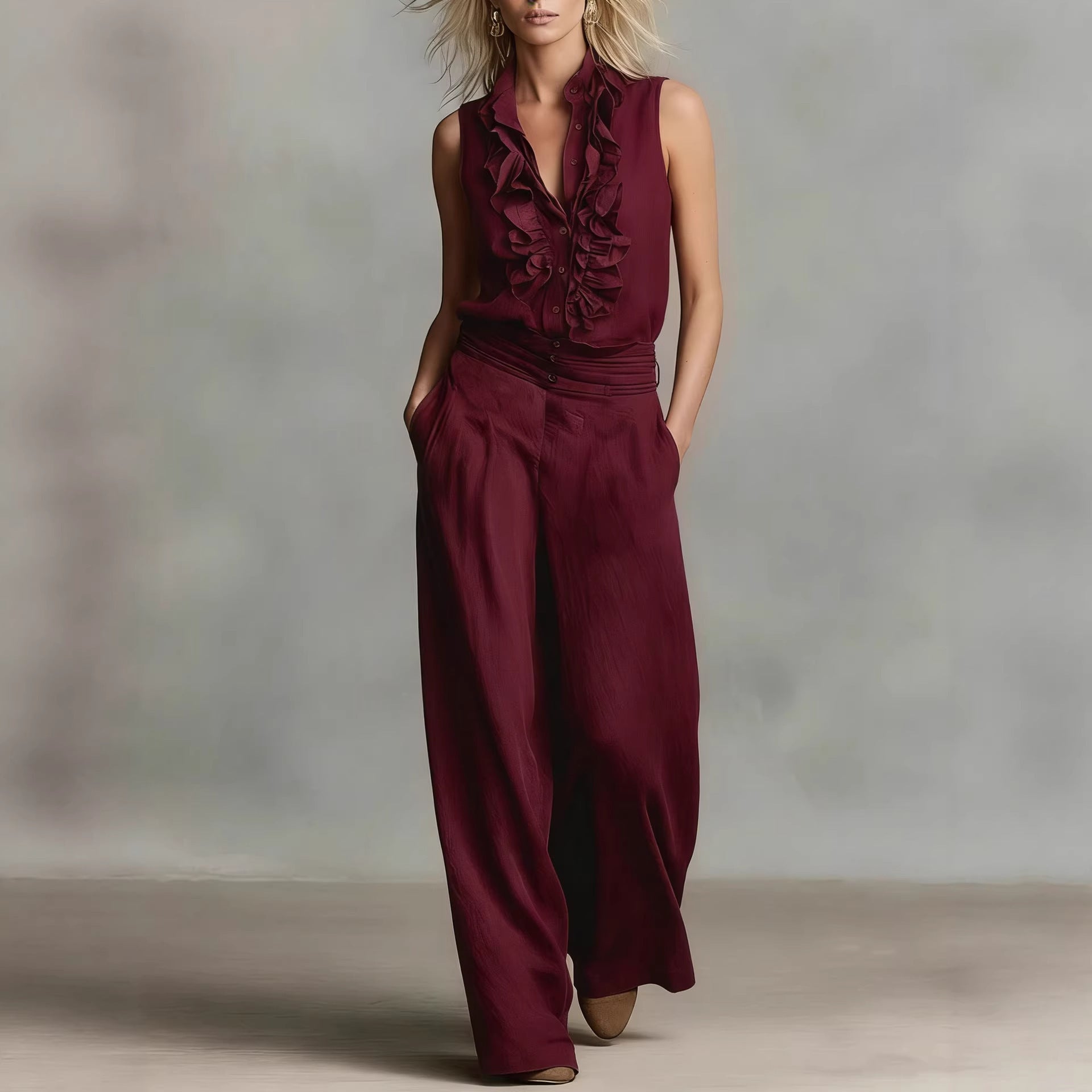 Linen-blend Sleeveless Shirt And Wide-leg Pants Set 