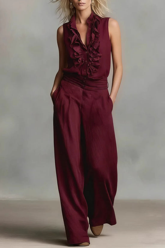 Linen-blend Sleeveless Shirt And Wide-leg Pants Set 