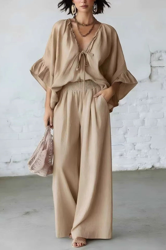 Loose-fit Cotton-linen V-neck Wide-leg Pants Two-piece Set 