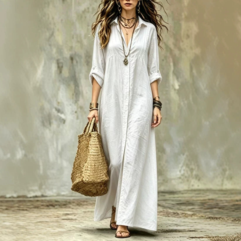 Shirt-collar Floor-length Casual Simple Long Dress 