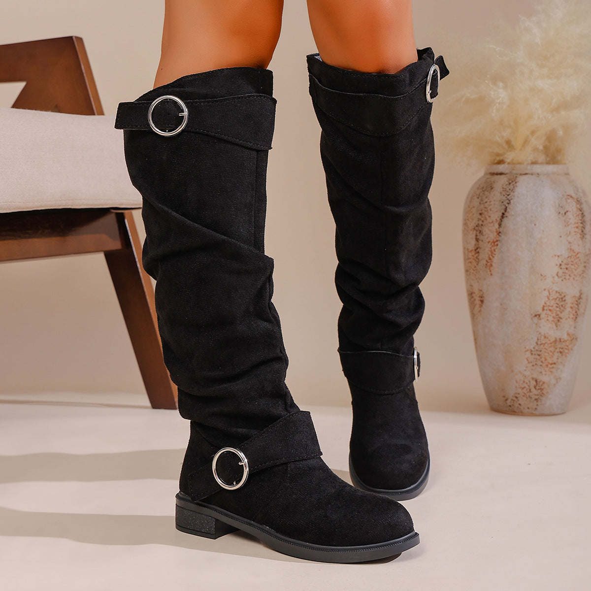 Pleated Flat-bottom Western Cowboy Boots For Women With Belt Buckle 