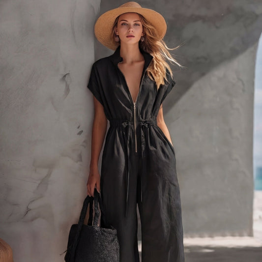 Retro Casual Resort-style V-neck Jumpsuit 