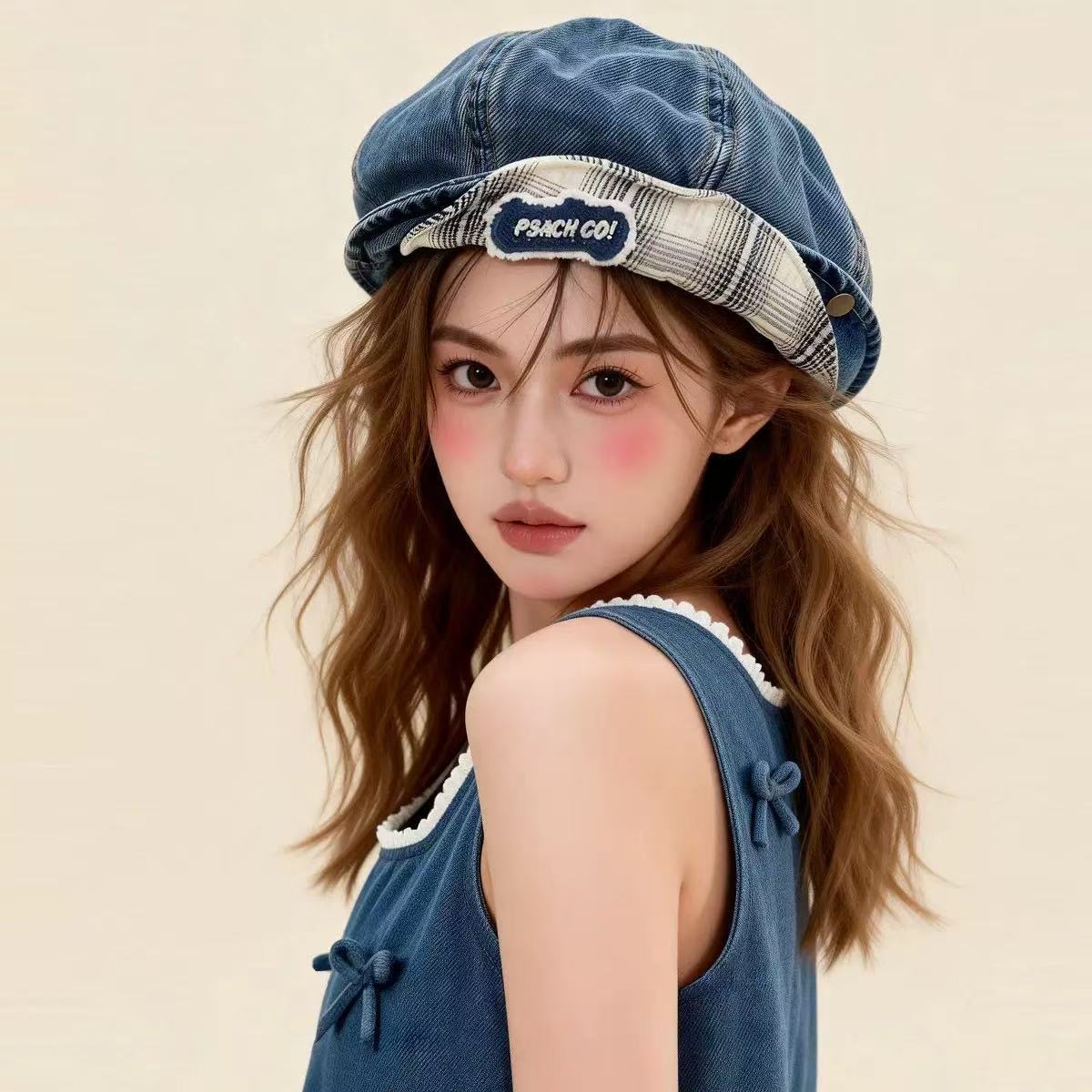 Double-brimmed, Turned-up Brim Denim Beret 