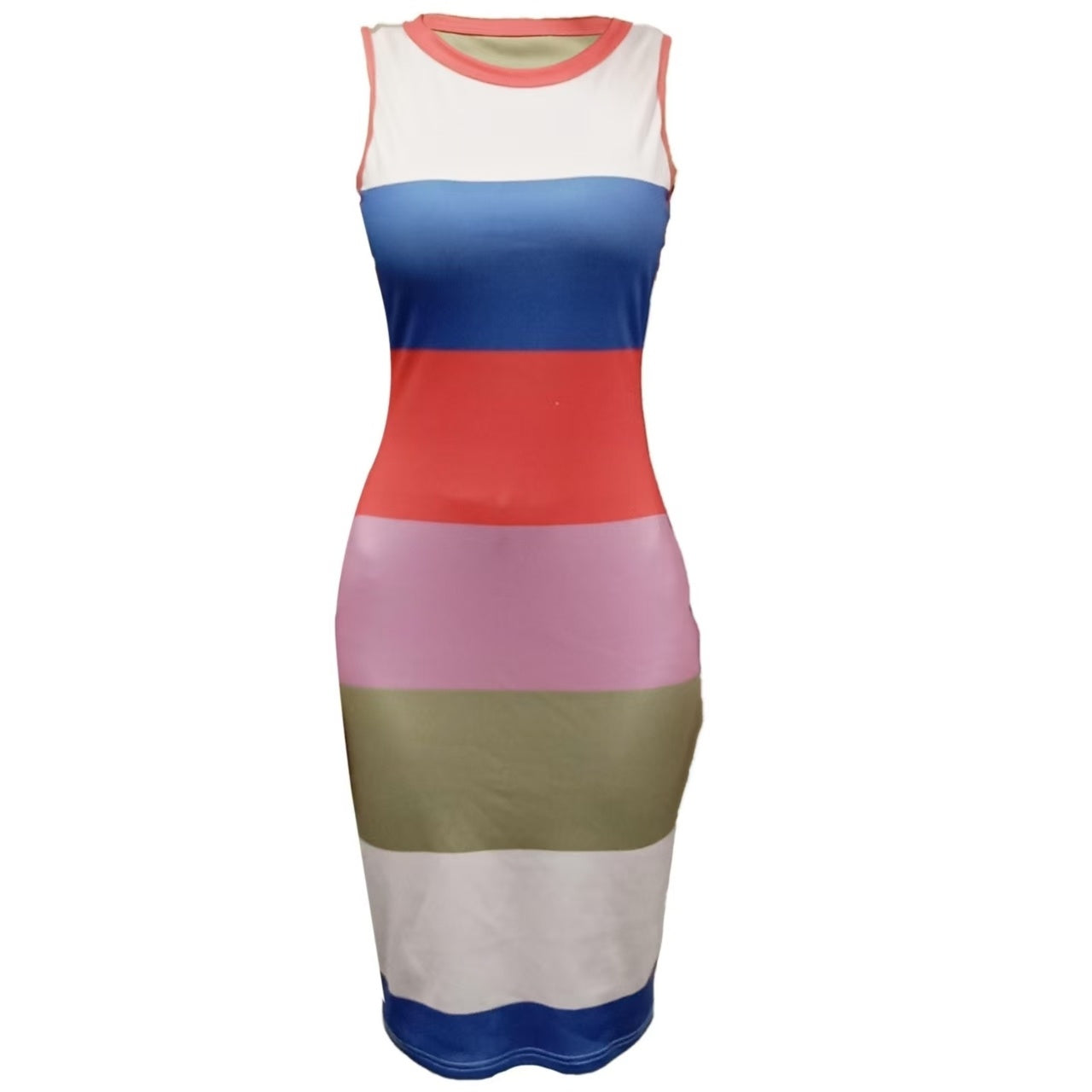 Ladies' Fashion Color Blocked Stripe Printed Sleeveless Tight Dress CJ US