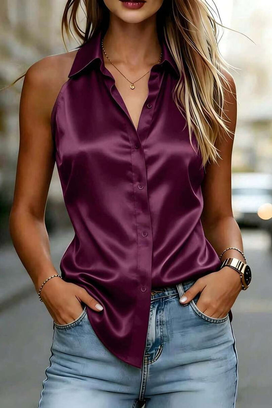Women's Casual Solid-Color Versatile Satin Sleeveless Shirt 