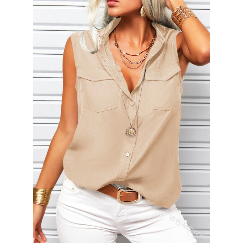 Solid-color Lapel-collar Loose-fit Sleeveless Top With Pockets 