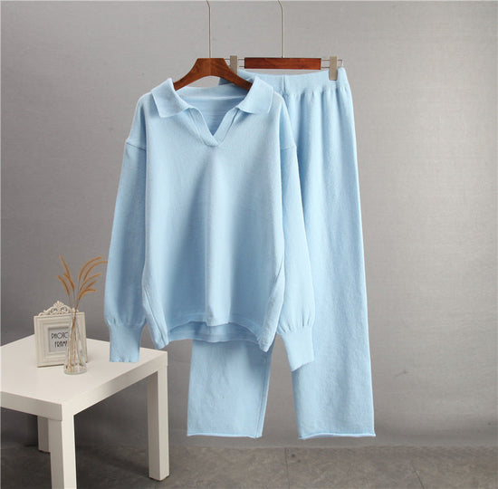 European And American-style Solid-color Lapel Sweater Set For Women, FallWinter 