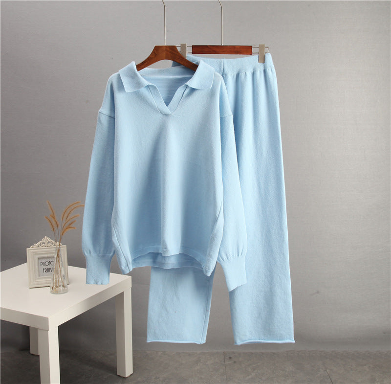 European And American-style Solid-color Lapel Sweater Set For Women, FallWinter 