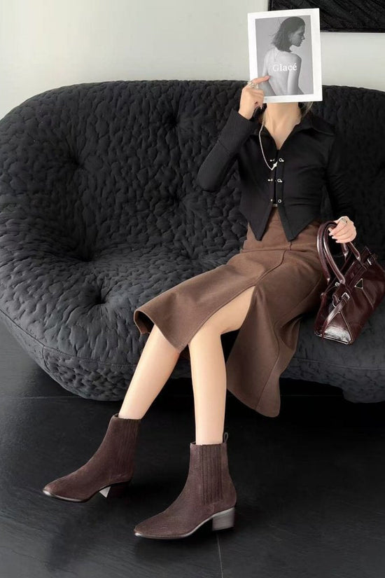 Mid-heel Chunky-heel Retro Square-toe Matte Leather Womens Boots 