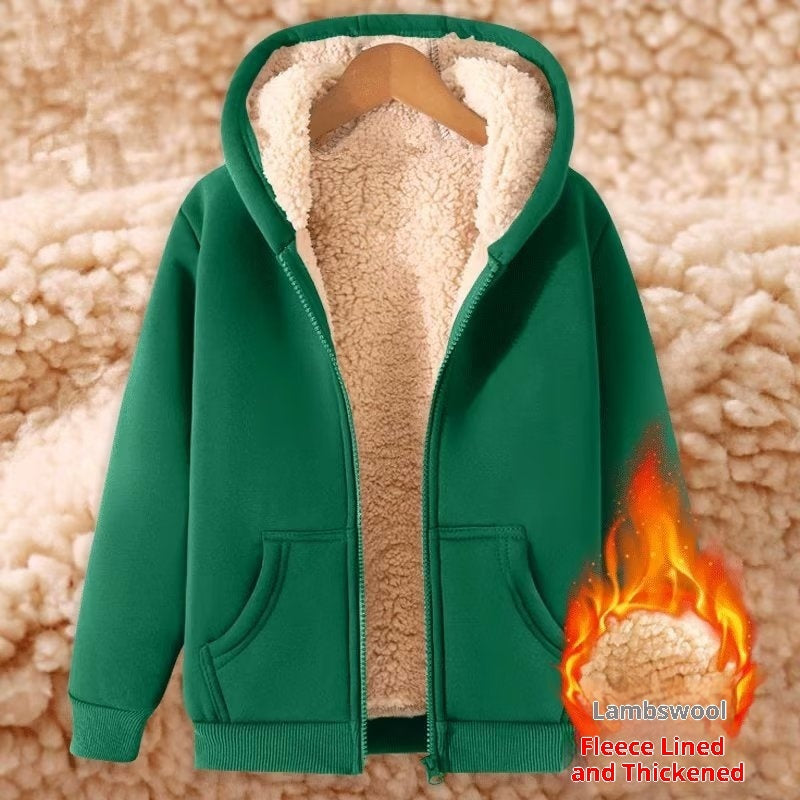 Women's Simple Solid Color Cold-proof Warm Berber Fleece Hooded Jacket 