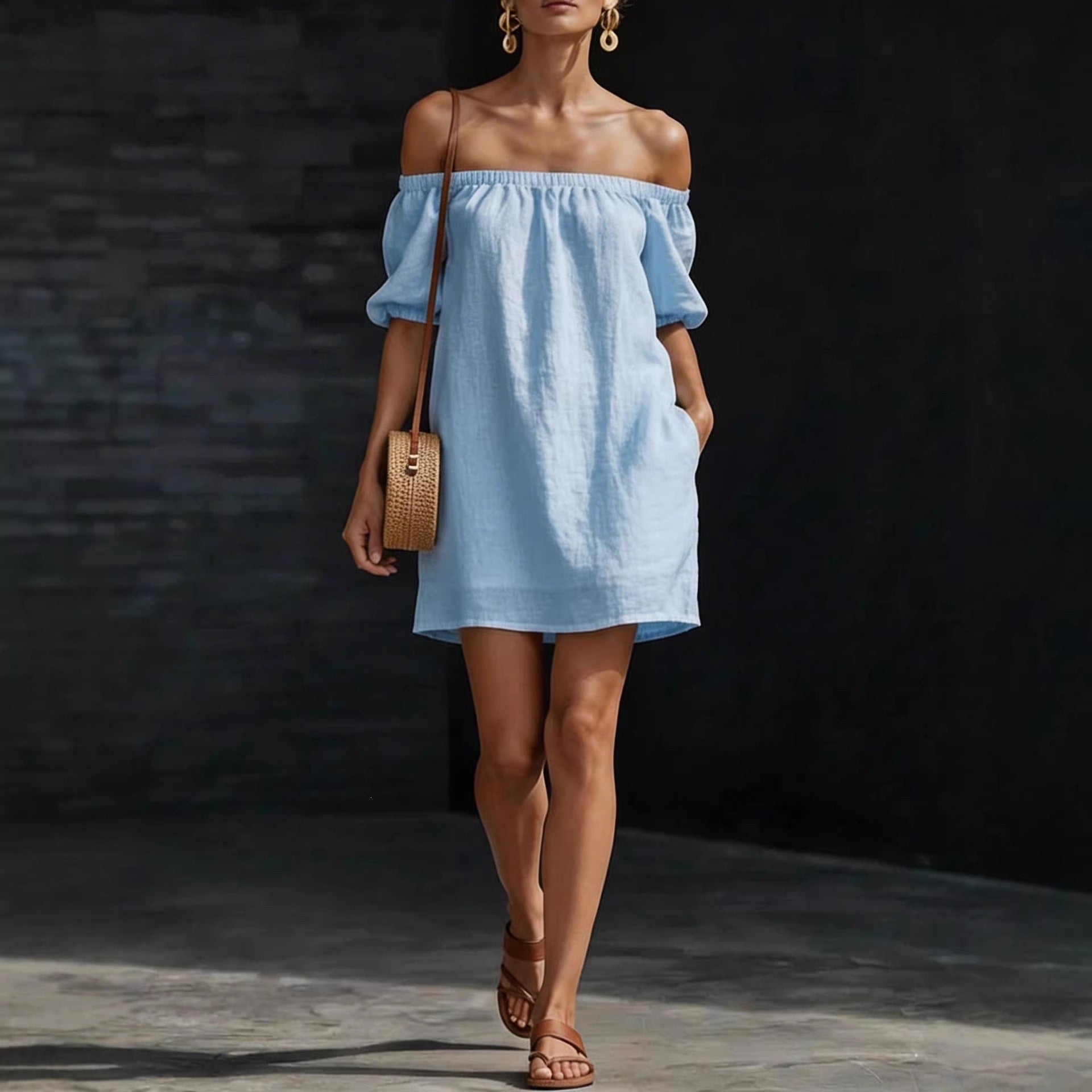 Cotton-linen Womens Off-shoulder Fashionable Loose-fitting Dress 