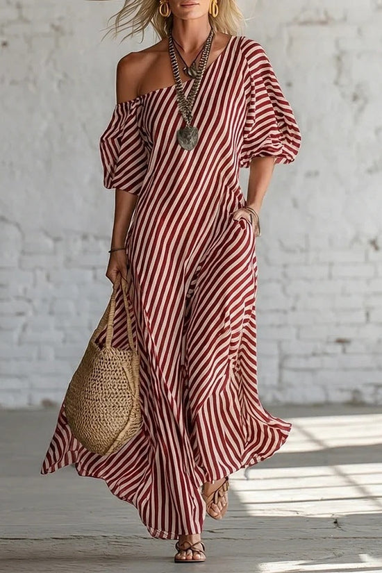 Spring Elegant Striped Off-Shoulder Dress 