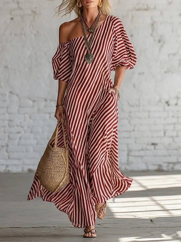 Spring Elegant Striped Off-Shoulder Dress 