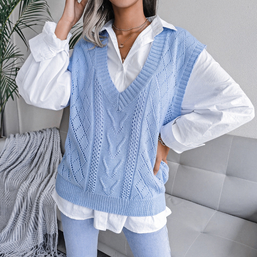 Hollowed-out Twisted V-neck Knitted Vest Sweater For Women CJ US