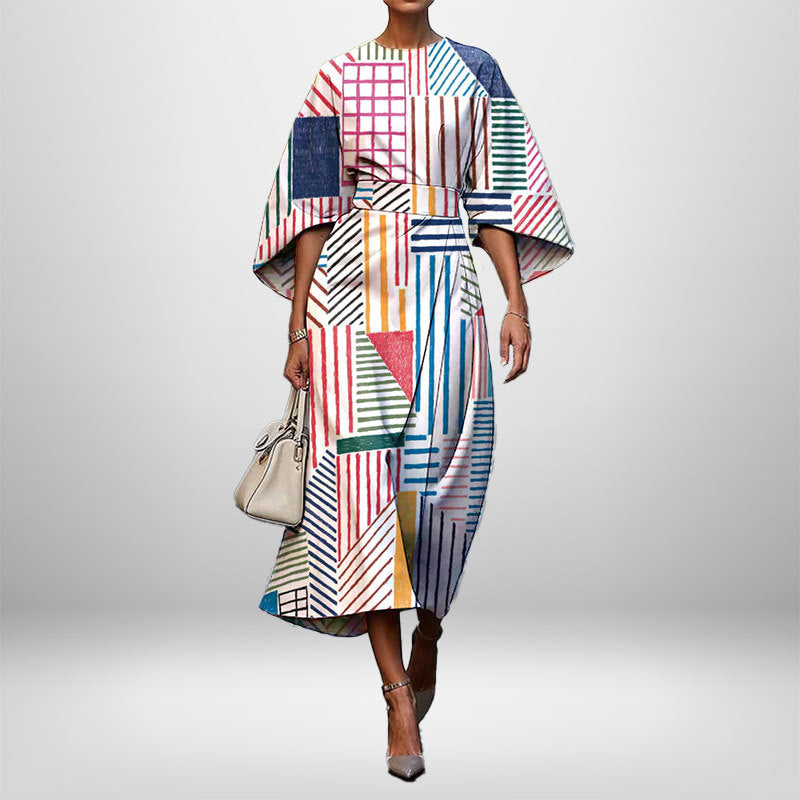 Women's Elegant Fashion Print Round Neck Long Dress 