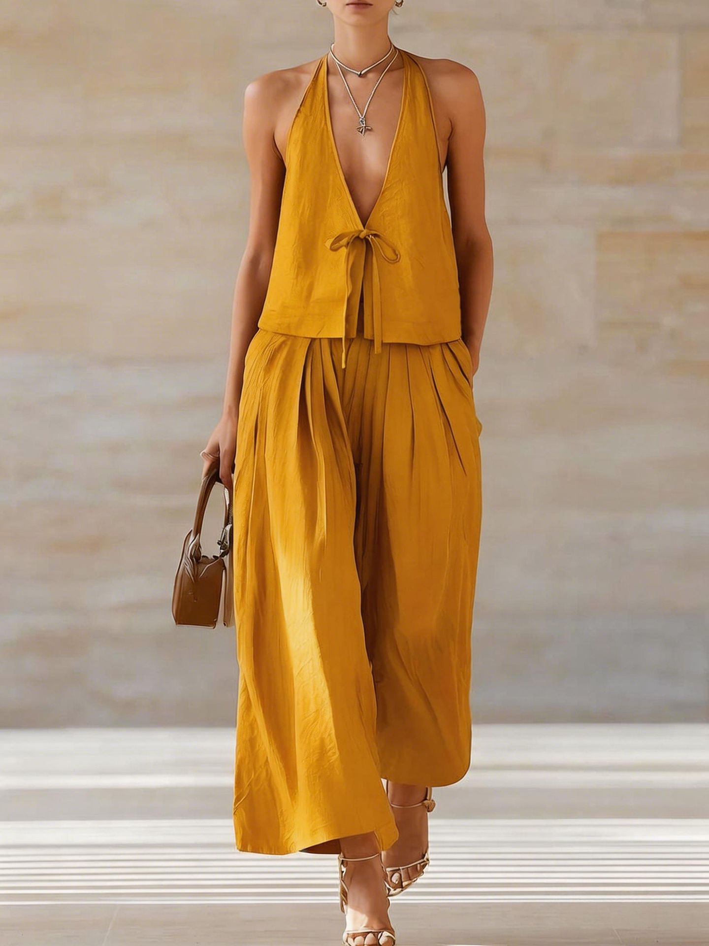 Fashionable Casual Sleeveless Vest And Loose Wide-Leg Pants Womens Set 