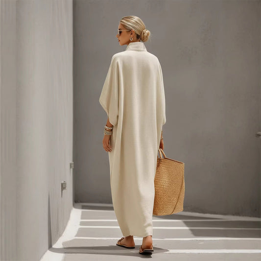 Womens Stand Collar Button-Down Loose Straight Long Dress 