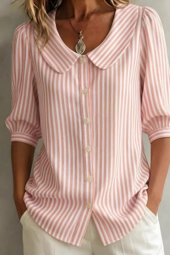 Mid-sleeve Striped V-neck Shirt Top T-shirt Womens Clothing 