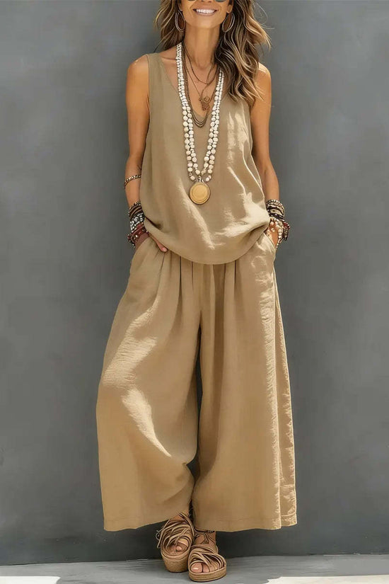 Womens Solid-Colored Casual Sleeveless Tank Top And Wide-Leg Pants Cotton-Linen Set 