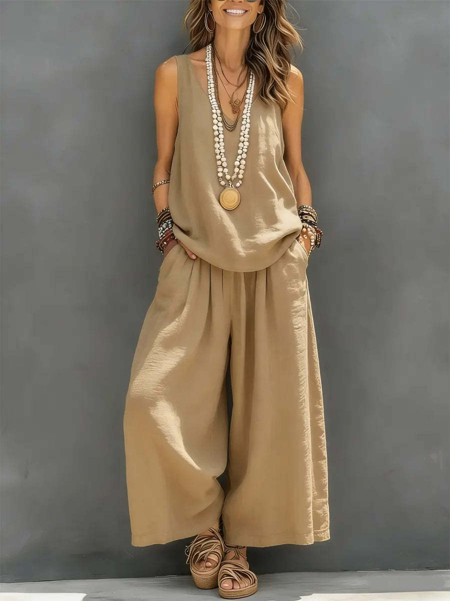 Womens Solid-Colored Casual Sleeveless Tank Top And Wide-Leg Pants Cotton-Linen Set 