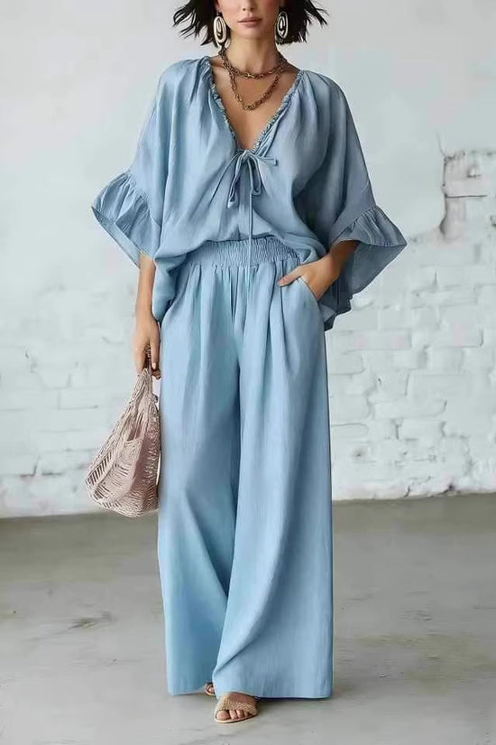 Loose-fit Cotton-linen V-neck Wide-leg Pants Two-piece Set 